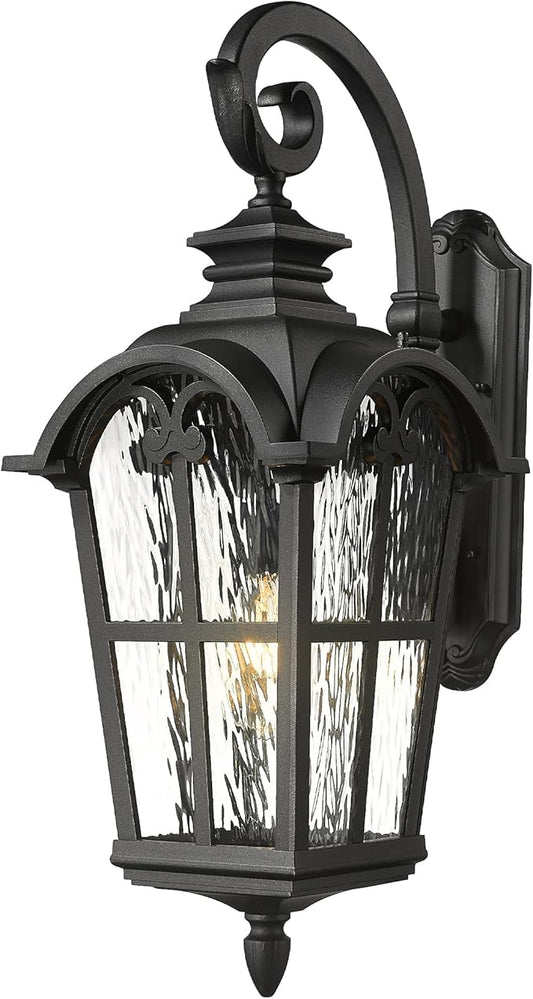 Emliviar 28.7" Black Outdoor Wall Sconce, Large Exterior Lantern Light Fixture with Die-Cast Aluminum & Water Ripple Glass, WE215BL-SW BK