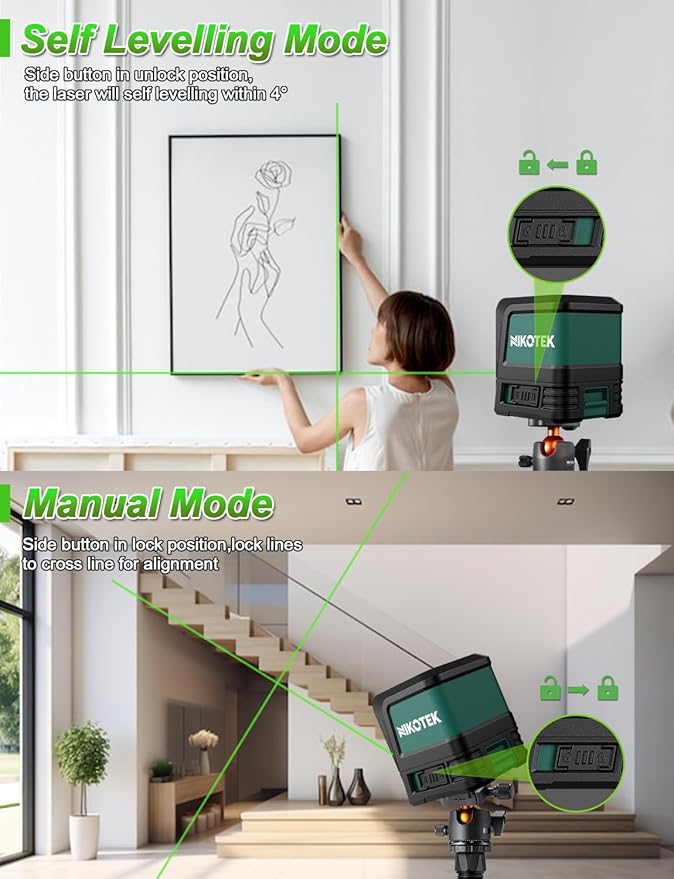 Laser Level, Self-leveling Green Line Laser With Horizontal and Vertical Lines for Construction and Picture Hanging, Battery Included