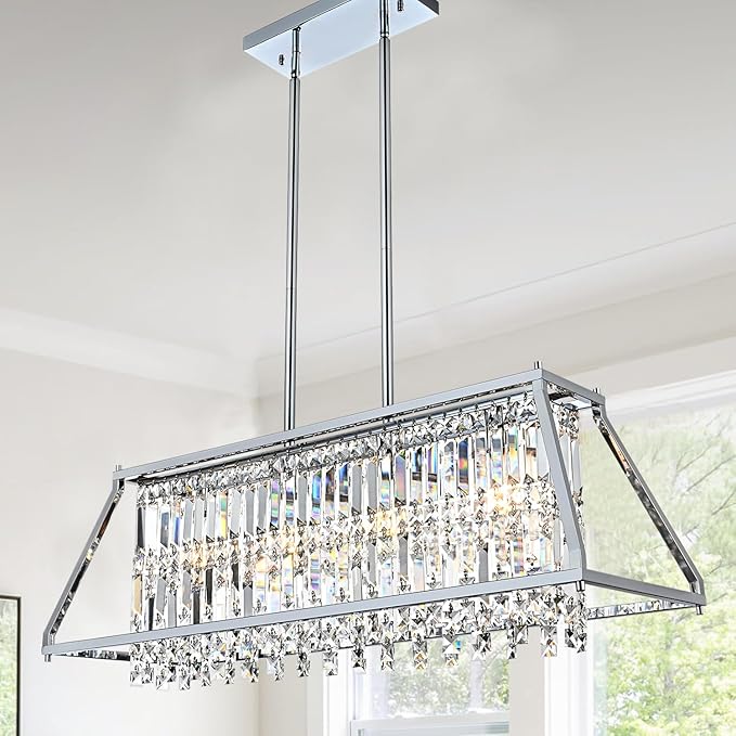 Crystal Chandelier Light for Dining Room, 4-Light Trapezoidal Industrial K9 Crystal Pendant Lights with Metal Frame Pendant Lamp for Kitchen Island Living Room Entryway (Chrome)
