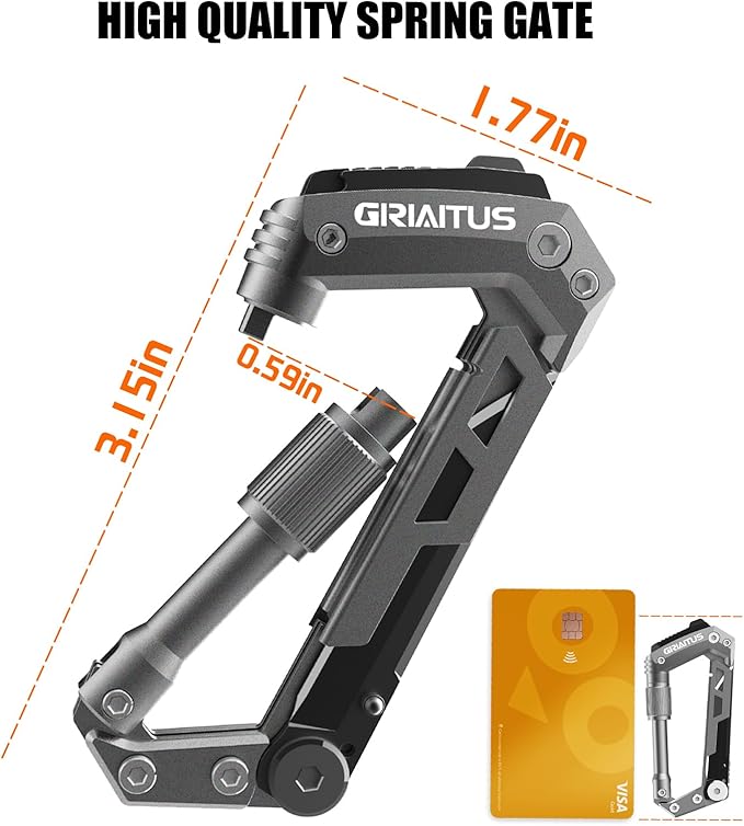 Carabiner Multitool with Pocket Knives, 8-in-1 EDC Carabiners, Serrated Knife, Rope Cutter, Screwdriver, Can Bottle Opener, Ruler, Folding Knife for Camping Hiking, Gifts for Men (Grey)