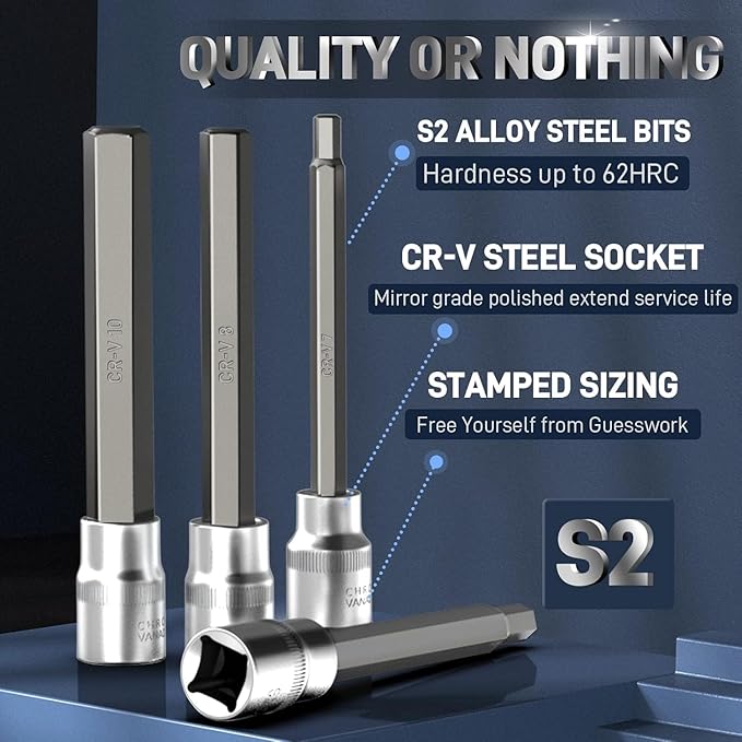 7 Pieces 3/8" Drive Extra Long Allen Wrench Hex Bit Socket Set with Portable Storage Case, Hex Head Metric 3-10mm, Chrome Vanadium Steel & S2 Alloy Steel