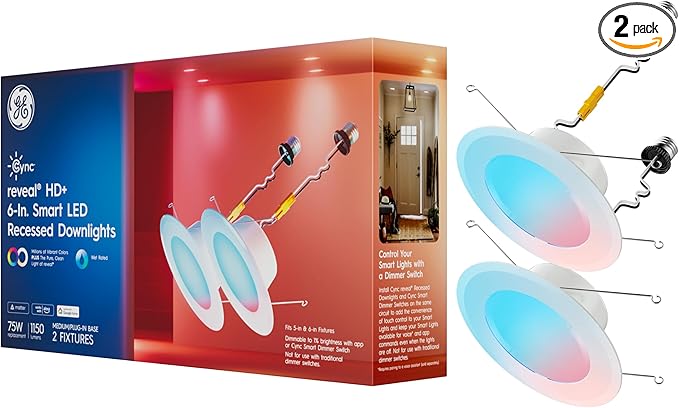 Cync GE Reveal Smart LED Recessed Downlight, Color Changing WiFi Light, Matter Compatible, Compatible with Alexa and Google Home, 6in, 2-Pack