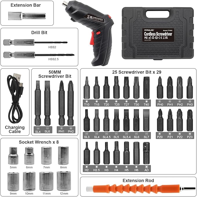 Cordless Electric Screwdriver, Charging 2-3hours, 47 pcs Accessories Small Drills for Moving, Disassembling and Reassembling Cabinets and Beds not Suitable for Construction Sites and Concrete Drilling