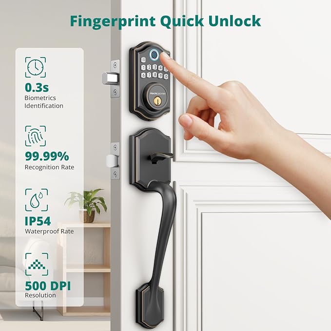 DS10 Keyless Entry Door Locks - Keypad Lock with Handle Set, Fingerprint Deadbolt, Smart Locks for Front Doors, Auto-Lock & One Touch Locking, 2 Keys, Easy Installation