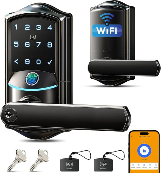 Veise VE029 WiFi Smart Lever Lock, Fingerprint Keyless Entry Door Lock with Handle, Built-in WiFi, Remote App Control, Electronic Digital Knob for Front Door and Bedroom, IP65 Waterproof, Matte Black