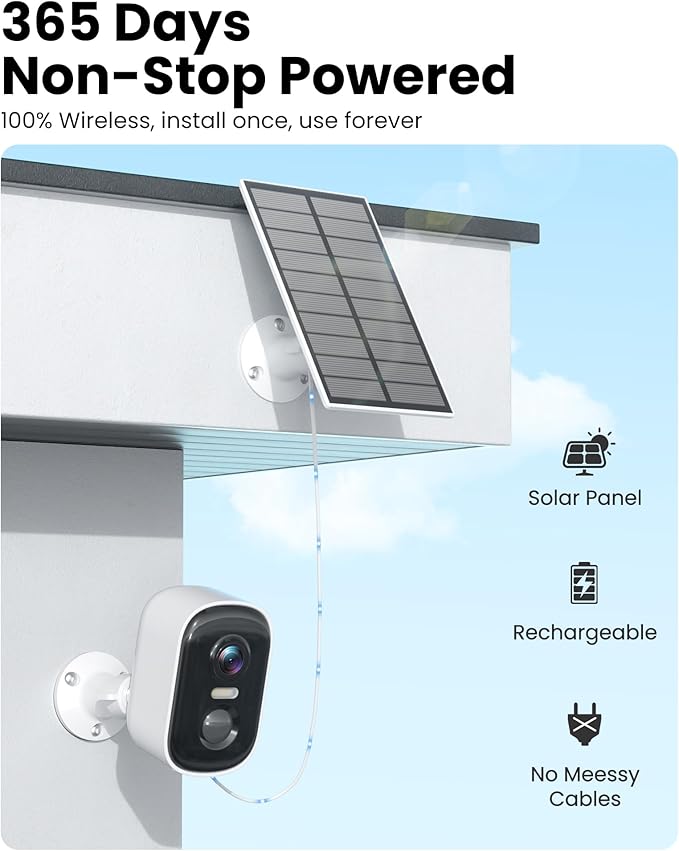 2K Security Cameras Wireless Outdoor, WiFi Cameras for Home Security with Solar Panel, Spotlight Color Night Vision, AI Motion Detection, Siren Alarm, 2-Way Talk, IP66, Cloud/SD Storage