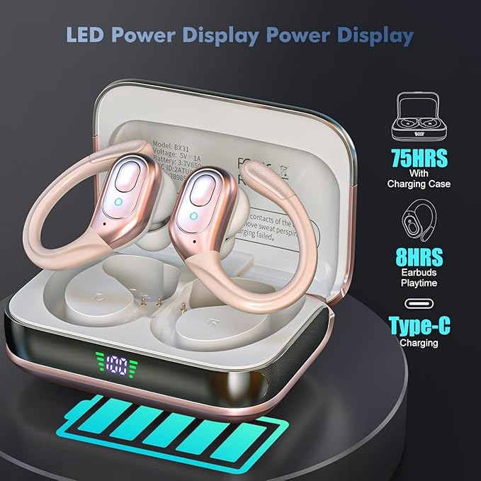 Wireless Earbuds Bluetooth 5.4 Headphones, Noise Canceling Ear Buds with 75hr Playtime, LED Power Display, IPX7 Waterproof Earphones Over-Ear Earphones for Sports/Workouts - Rose Gold