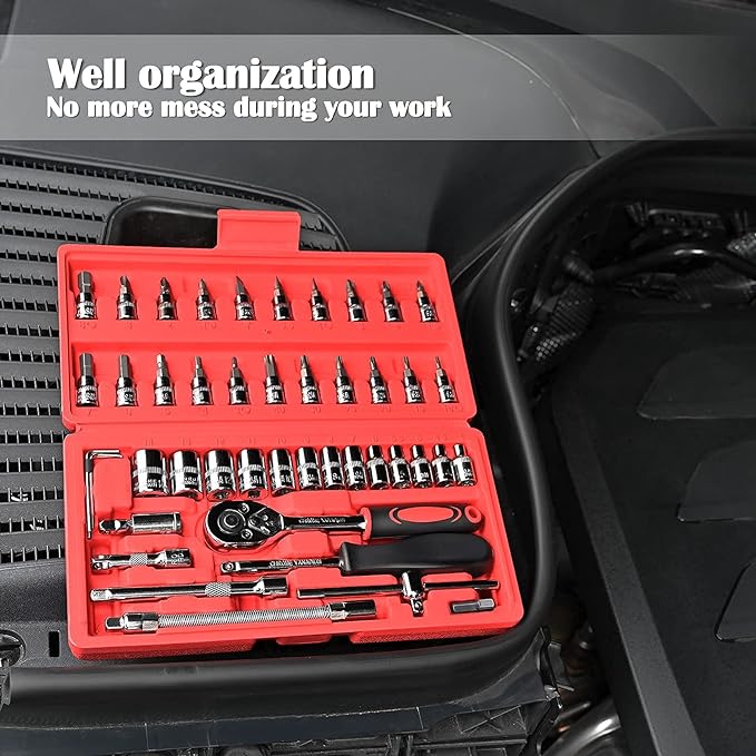 Egofine 46 Pieces 1/4 inch Drive Socket Ratchet Wrench Set, with Bit Socket Set Metric and Extension Bar for Auto Repairing and Household, with Storage Case