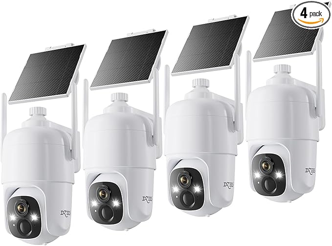 Dzees Solar Security Cameras Wireless Outdoor, 2K Battery Powered Security Camera, 360° PTZ Camera with Spotlight, Siren, Color Night Vision, AI Dectection, IP66 for Home Security, 2.4GHz 4-Pack