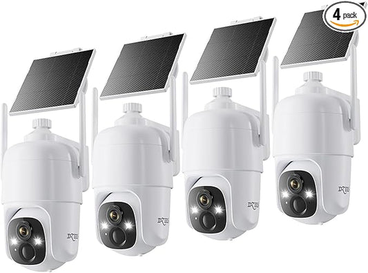 Dzees Solar Security Cameras Wireless Outdoor, 2K Battery Powered Security Camera, 360° PTZ Camera with Spotlight, Siren, Color Night Vision, AI Dectection, IP66 for Home Security, 2.4GHz 4-Pack