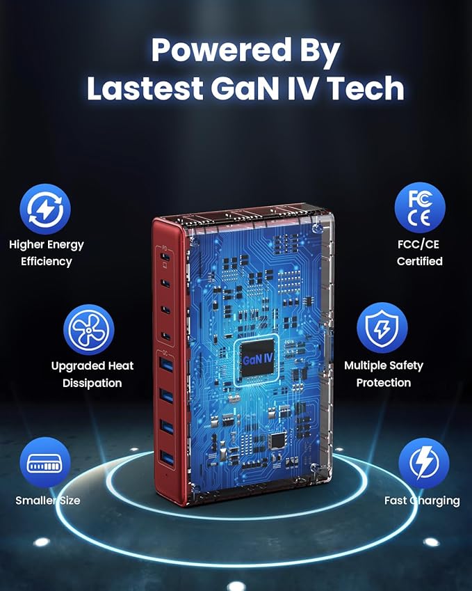 200W USB C Charger Block,GaN IV Charging Station 8 Ports,QC4.0 Fast Charging Station Hub+PD 65W USB C Laptop Charger Adapter Compatible with MacBook Air/Pro,DELL,iPhone 16/15,iPad,Steam Deck-Red
