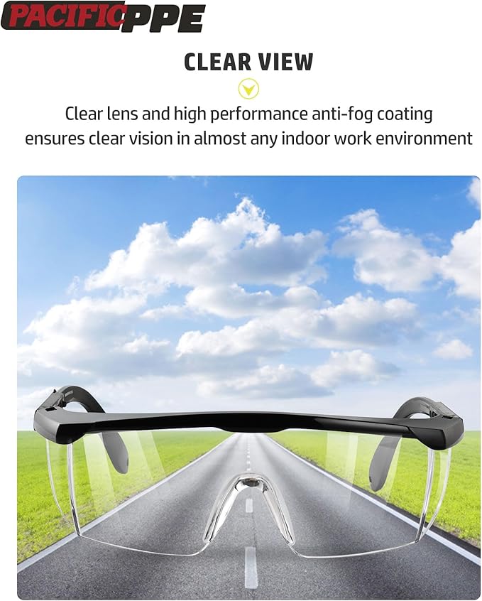 PACIFIC PPE 2 Pack Safety Glasses for Men and Women, ANSI Z87 Anti-fog Eyewear with Scratch Resistant Clear Wraparound Lenses, Adjustable Lab Goggles, UV Protection