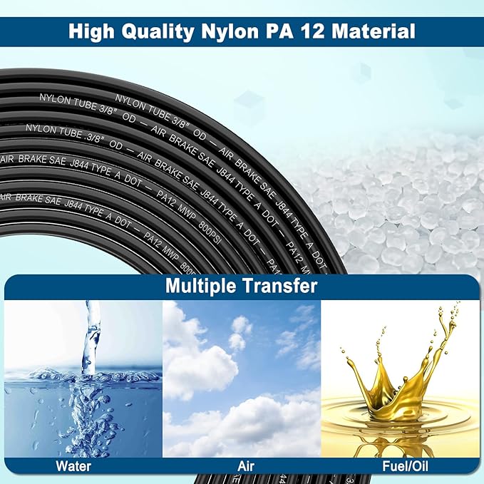 100FT 3/8 DOT Air Line SAE J844 PA12 Nylon Air Hose with Cutter 3/8” OD Pneumatic Tubing DOT Approved 3/8 Air Brake Hose for Air Suspension Kit Truck Trailer Brake System & Fluid Transfer 30.5m