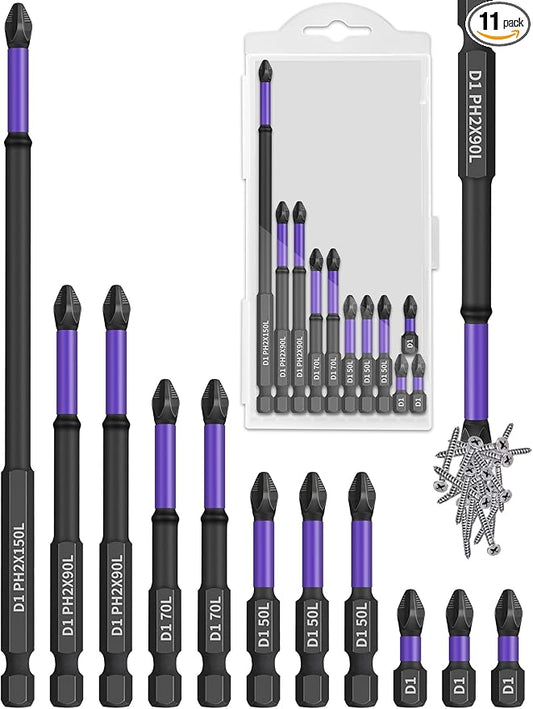 Tomorotec 11PCS Magnetic Phillips Screwdriver Drill Bit Set #2 - Anti-Slip, Shock-Absorbent, Compatible with Impact & Electric Screwdrivers (Purple)