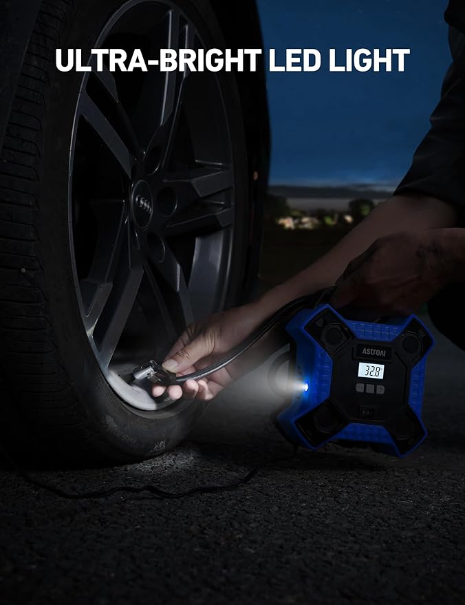 AstroAI Air Compressor Tire Inflator Portable Air Pump for Car Tires, 12V DC Integrated Metal Structure Tire Pump 160PSI with LED Light for Cars, Bicycles, Motorcycles, and Other Inflatables(Blue)