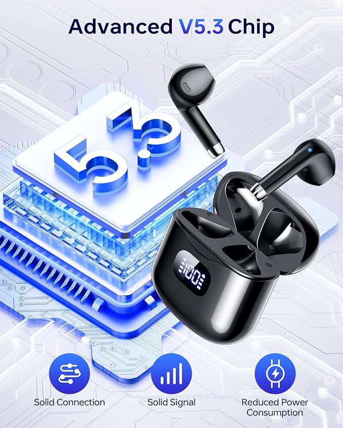 Wireless Earbuds Bluetooth 5.3 Headphones, 40Hrs Playback Stereo Ear Buds with LED Display Charging Case IPX7 Waterproof in-Ear Earphones with Mic for Phone Tablet Laptop Sports, Glossy Black