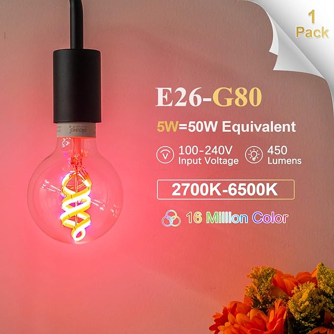 DiCUNO Smart Edison Bulb G80, Color Changing WiFi Smart Light Bulb, Vinatge Globe Filament Bulb Compatible with Alexa & Google, Dimmable with App, 50 Watt Equivalent 450LM, No Hub Required, 1 Pack