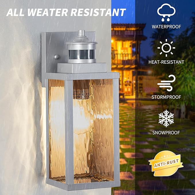 2 Pack Silver Motion Sensor Outdoor Wall Lights,Updated Dusk to Dawn Outdoor Lighting, Exterior Light Fixtures Wall Mount,Waterproof Porch Light Outside Lights for House