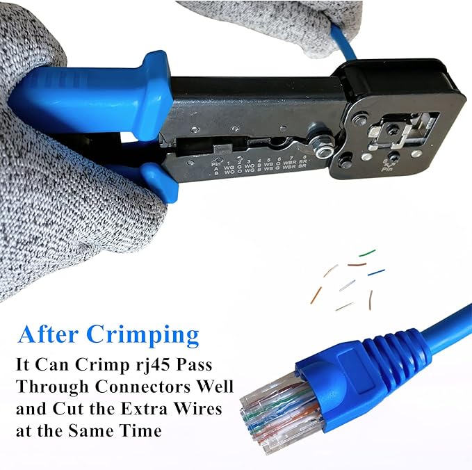 rj45 Crimping Tool for Cat6 Cat5e Cat5, Sturdy Crimper for rj45 rj12/11 Pass-Through Connectors with 50pcs rj45 Cat5e Pass-Through Connectors, 50pcs Covers, Wire Stripper; Network Cable Tester