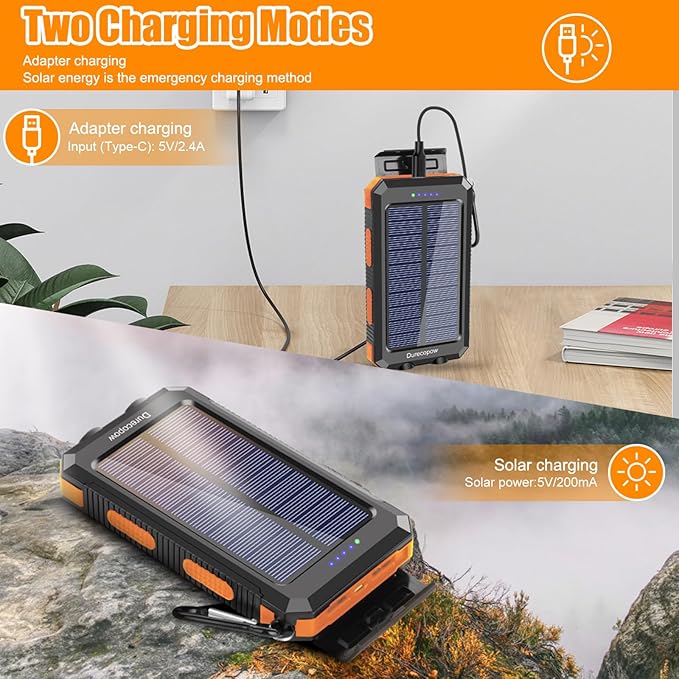 Solar Charger Power Bank, 20000mAh Portable Outdoor Waterproof Solar Battery Charger, Camping External Backup Battery Pack USB C Ports Input/Output, 2 Led Light Flashlight with Compass (Orange)