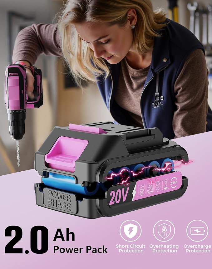 Pink Cordless Drill Set, 20V Max PowerDrill for Women, Lightweight ElectricDrill with Power Pack and Charger, 25 Position and 56 Pcs Accessoires, Womens Drill Tools Kit for House