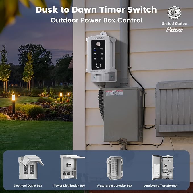 SURAIELEC 15 AMP Dusk to Dawn Timer Switch for Outdoor Electrical Boxes, 120V Photocell Power Control, for Waterproof Outlet Junction Box, Outside Lighting, Security System, Holiday Decorations