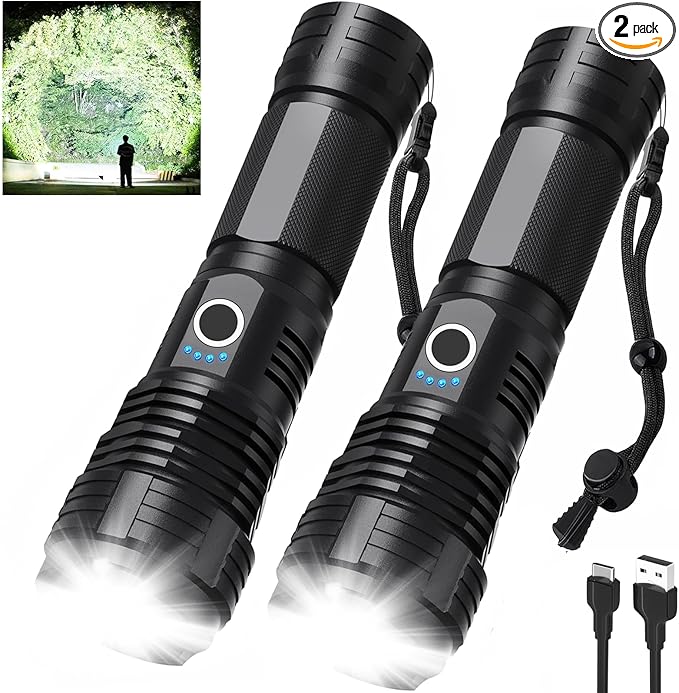 Led Flashlights 90,000 Lumen High Lumens Rechargeable 2 Pack, Brightest Flash Light with 5 Modes & 18H Runtime, IPX7 Waterproof, Powerful Handheld Flashlights for Home Camping Hiking