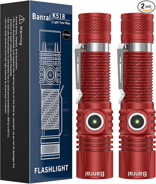 Banral Rechargeable Tactical Flashlights, High Lumens Small Mini USB-C LED Flashlight, Compact EDC Flash Light, 4 Modes&Memory Function, Waterproof Pocket Lights for Home,Camping,Emergency (2, Red)