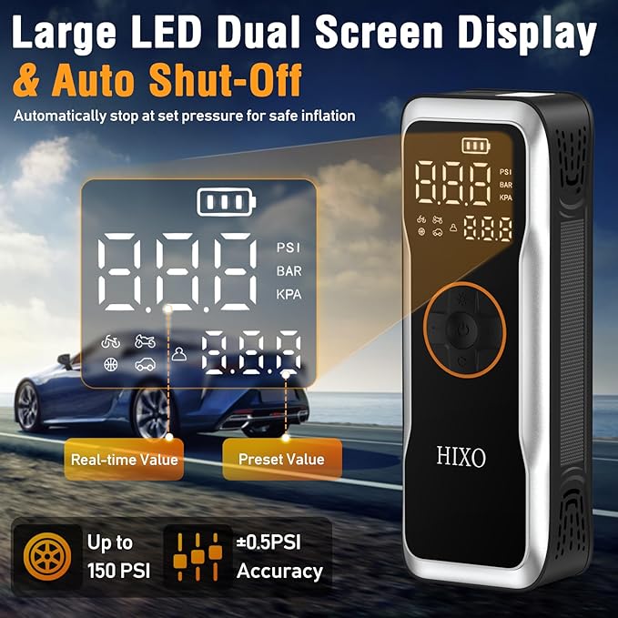 Tire Inflator Portable Air Compressor, 150PSI Air Compressor with Digital Pressure Gauge, 20000mAh & 4X Faster Portable Air Pump for Car, Motorcycle, Bicycle, Ball and More