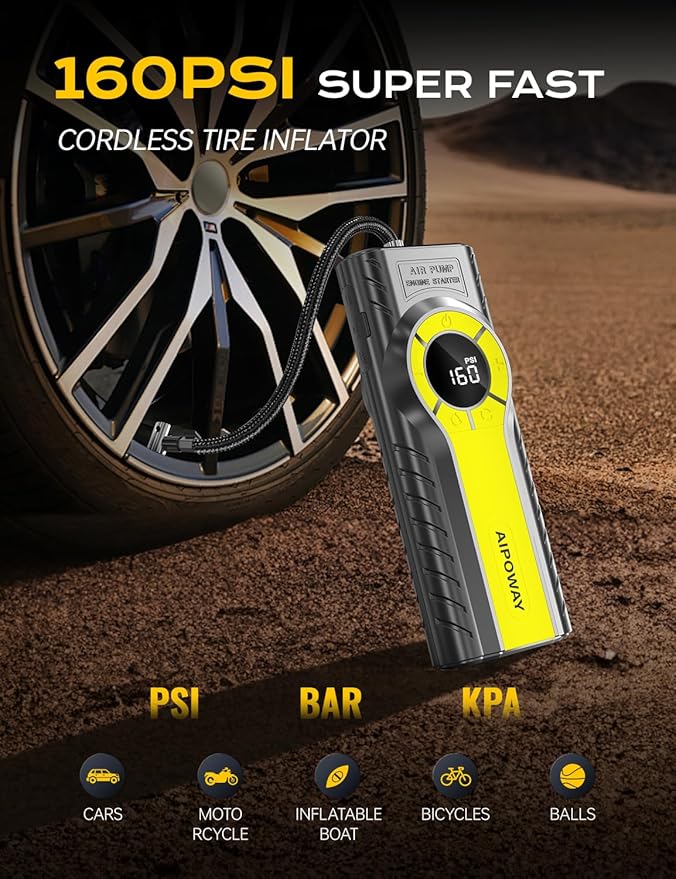 Car Jump Starter with Air Compressor,7000A Jump Starter Battery Pack (All Gas/12.0L Diesel) 12V 160PSI Auto Battery Booster,Jumper Cables with LED,Portable Lithium Jump Box with QC3.0