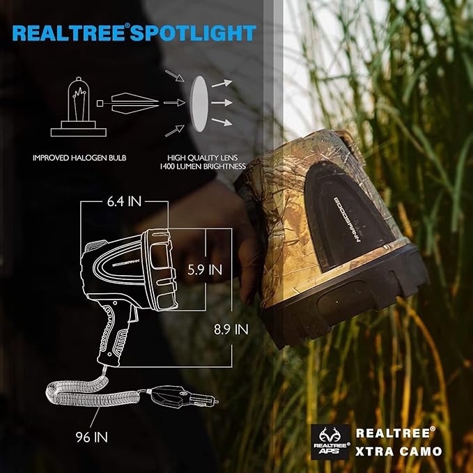 GOODSMANN Spotlight Camo Hunting Spot Lights 12 Volt Marine Spotlight Tacticpro 1500 Lumen Realtree® Xtra Halogen Boat Spotlighting 9924-H102-01