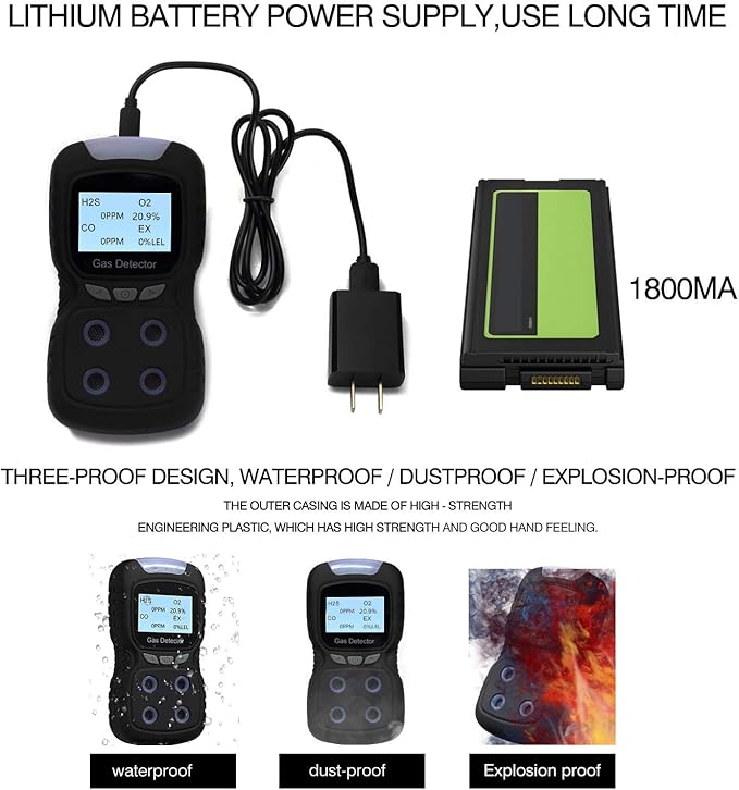 4 in 1 Gas Detector, Rechargeable Portable 4 in 1 Gas Clip 4-Gas Monitor Meter Tester Analyzer Sound Light Shock