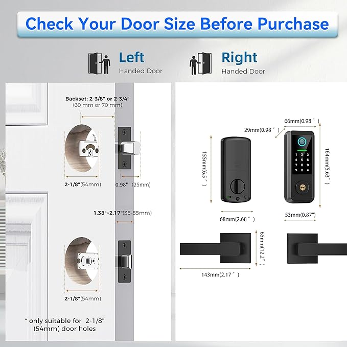 Keyless Entry Door Lock with Handle Set,Smart Front Door Lock with Keypad Set,Keyless Entry Digital Deadbolt,Smart Deadbolt with Auto Lock,App Control, Matte Black