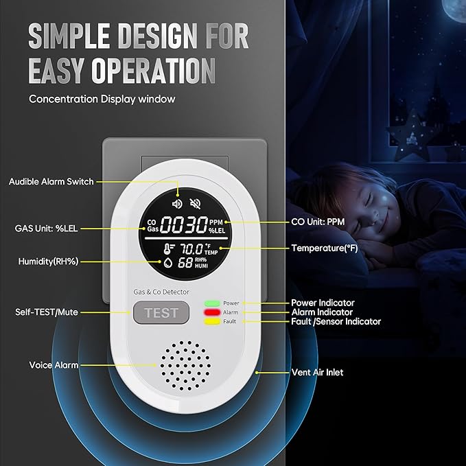 Carbon Monoxide Detectors, Plug in CO and Natural Gas Detector, Combination Gas & Carbon Monoxide Detectors with Alarm - Portable 4 in 1 CO & Gas Detector with Temperature/Humidity for Home/Travel/RV