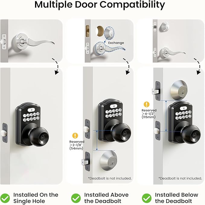 Veise Keypad Door Knob Lock, Keyless Entry Digital Lock with Handle, Electronic Knob for Front Door & Bedroom, Easy Installation, Auto-Locking, Passage Mode, Matte Black