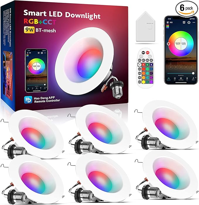 Smart Can Light 6 Inch, WiFi & Bluetooth LED Downlight 6Pack, Multicolorred, Dimmeble, 2700K-6500K CCT Selectable, RGBCW Remote LED Recessed Lighting Compatible with Alexa Google Home