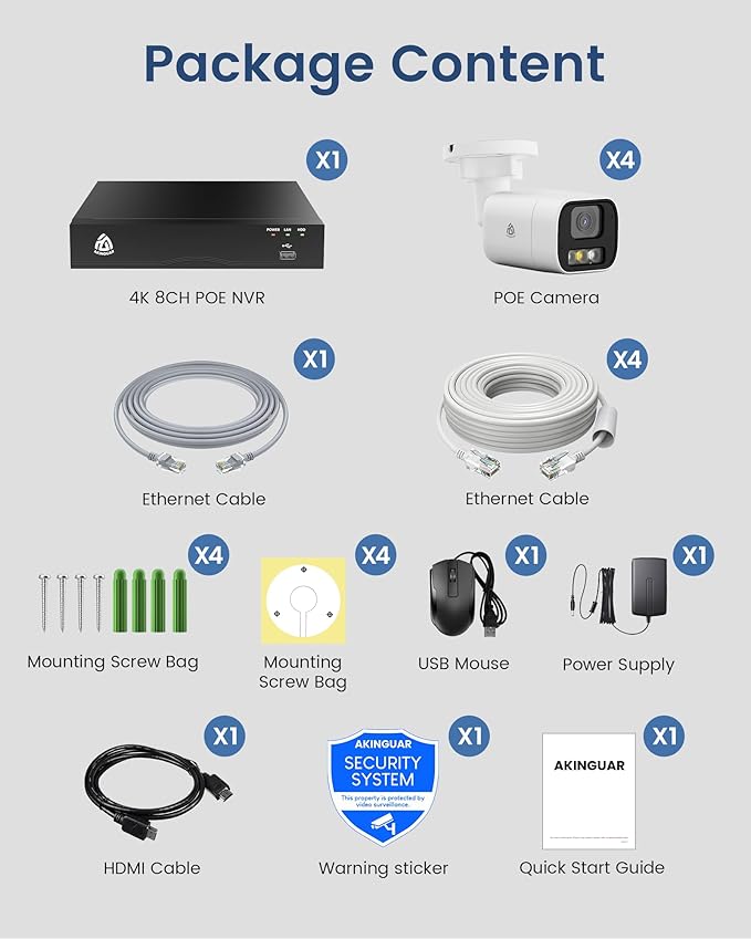 8CH Home Security Camera System, 8 Ports 4K NVR with 2TB HDD, 4 x 5MP Outdoor PoE IP Cameras, Person/Vehicle Detection, 2-Way Audio, Color Night Vision, Spotlight Siren, 24/7 Recording