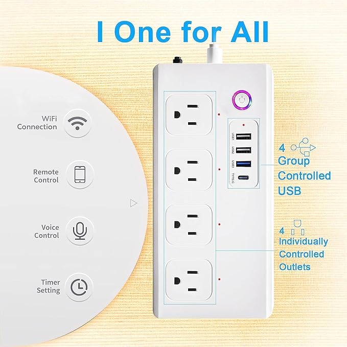 Smart Power Strip Surge Protector,Smart Fast Charge, 4 Individually Controlled Outlets, Compatible with Alexa Google Home Phiilps HUE-WiFi Upgrade Version - White