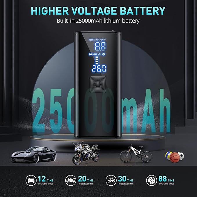 Tire Inflator Portable Air Compressor, 150PSI & 25000mah Portable Air Pump with Digital Pressure Gauge, 2X Faster Cordless Tire Pump for Car, Bike, Motorcycle, Ball