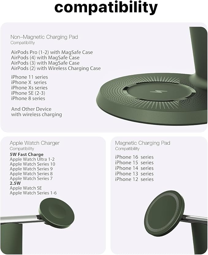 3 in 1 Wireless Charging Station for Apple Device: Fast Charging Station for iPhone and Watch with MagSafe, Stable Charger Stand for iPhone 12-16 & iWatch & AirPods