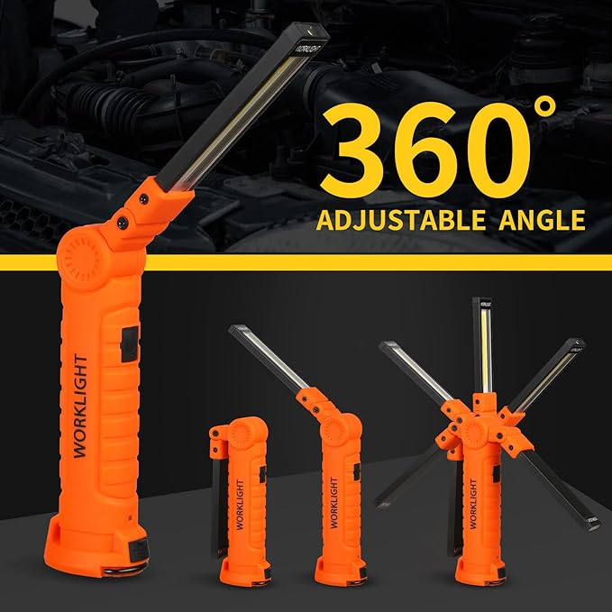LED Rechargeable Work Lights, Flashlight Hand Tools Mens Dad Birthday Gift Magnetic Worklight,360°Rotate 5 Modes Portable Inspection Torch for Mechanics,Automotive,Camping,Emergency (2 Pack)