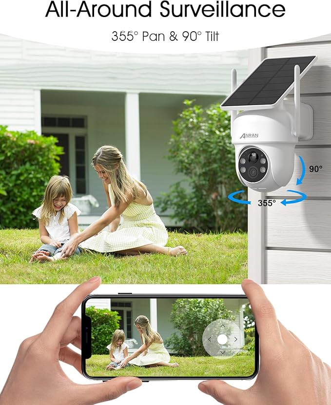 ANRAN 5MP Solar Security Cameras Wireless Outdoor, 2.4G WiFi Camera for Home Security with Fixed Solar Panel, 360° PTZ for Home Surveillance, PIR Human Detection, 3MP Color Night Vision, 2-Way Talk
