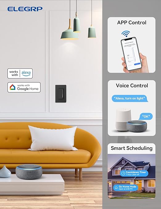 ELEGRP Smart Dimmer Light Switch DTR10, Single Pole Setup, 2.4GHz Wi-Fi Touch Dimmer Compatible with Alexa and Google Assistant, Needs Neutral Wire, No Hub Required, UL&FCC Listed, Black, 2 Pack