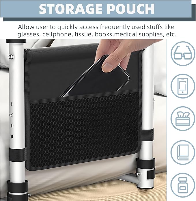 Bed Rails for Elderly Adults Safety, Medical Bed Assist Rail for Seniors, Bed Side Rails for Queen Bed, Height Adjustable Bedside Bed Cane Grab Bar Handle with Storage Bag Fits King Twin Full Size Bed