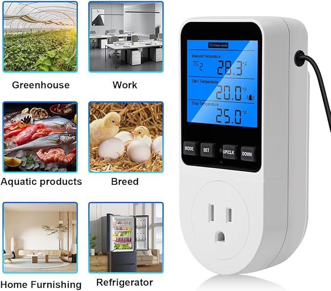 Diymore Plug in Digital Thermostat Temperature Controller Electric Digital Thermostat Heating Cooling Control Mode Timer 1800W 120V 15A Greenhouse Heater with Thermostat Backlit Display