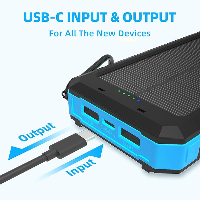 Solar Charger Power Bank 20,000mAh, Portable Charger, 4 Cables 3 Ports Fast Charging External Battery Pack with USB C for Cell Phones, Solar Panel Charger with Dual Flashlight for Camping