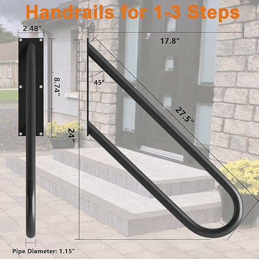 2 Pack Stair Handrails for 1-3 Steps, Black Stair Railings for Indoor or Outdoor, Wall Mounted Hand Railings for Porch Garage, 27.5" Length Safety Grab Bar for Stairs