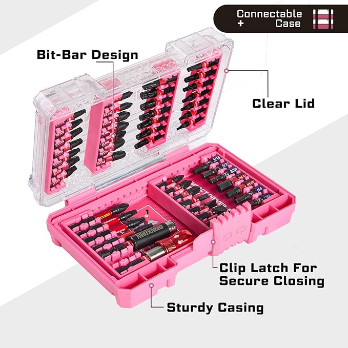 48Pieces Impact Screwdriver Bits Set, Magnetic S2 Steel Phillips/Slotted/Square/Torx Insert Power Bits Tips, Impact Bit Holder with Pink Storage Box Case