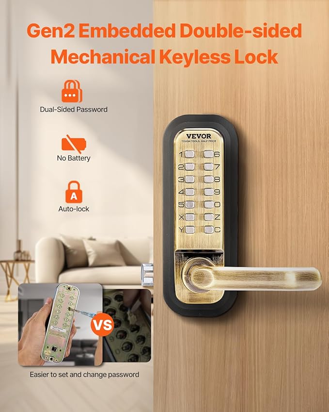 VEVOR Mechanical Keyless Entry Door Lock, 14 Keys, Mechanical Keypad with Handle, Double-Sided Stainless Steel Waterproof Keyless Gate Lock, for Home Office Fence Garage