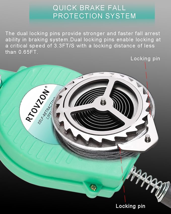 66FT Self Retracting Lifeline RTOVZON Fall Arrest Fall Protection Steel Wire Rope Heavy Duty Retractable Lanyard, Roofing Lifeline, SRL, Safety Lanyard